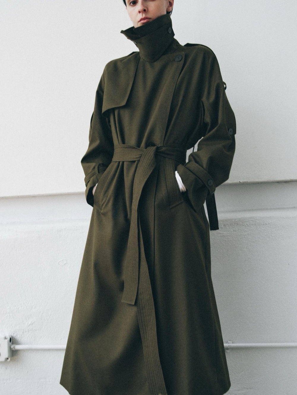 Zara Olive Trench Coat - Women's Oversized Long Coat - Picture 3 of 14